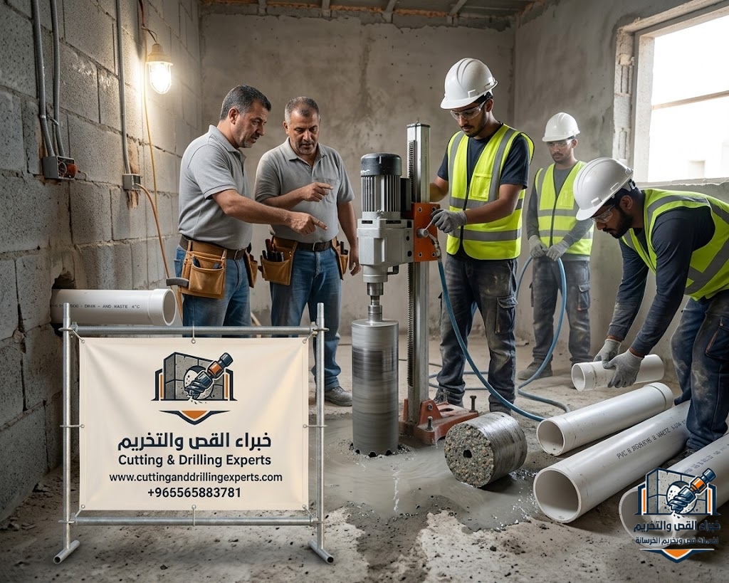فتح كور حي أم السلم جدة باستخدام الكور الماسي لتنفيذ فتحات المواسير والكهرباء والتهوية بدقة عالية بدون تكسير عشوائي